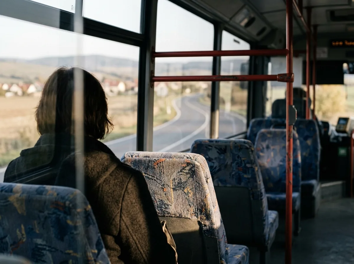 Cestujúca v regionálnom autobuse sa pozerá z okna na krajinu